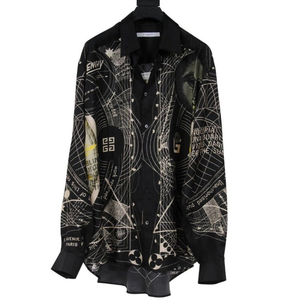 Givenchy Men Icarus Sun Button Down Shirt 41 / 16 Black Yellow Silk Long Sleeve